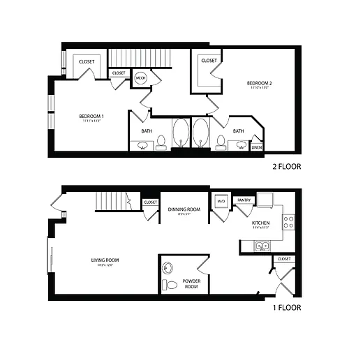 Floor plan 2BR/2.5BA Townhouse 1477 SF TB1