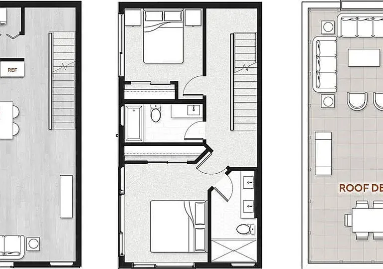 Living quarters on floor2 and 3 + rooftop deck. Furniture drawings for reference only.