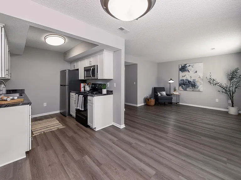Enjoy the seamless flow from the modern kitchen to the spacious living room.