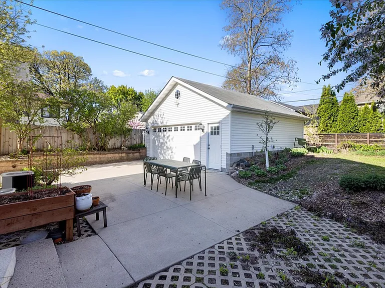 Patio, garage, and backyard