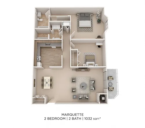 Floor plan Two Bedroom 2 Bath- 1032 sqft