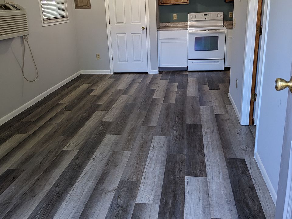 View from front door of living/kitchen area.