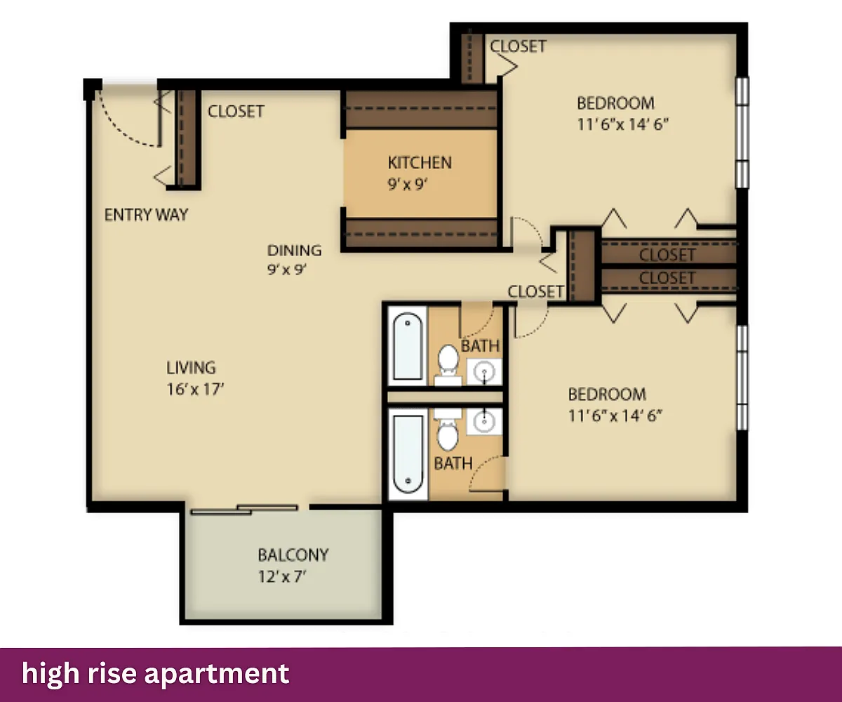 Floor plan High Rise Apartment: 2 Bed + 2 Bath
