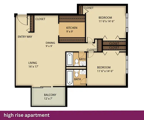 Floor plan High Rise Apartment: 2 Bed + 2 Bath