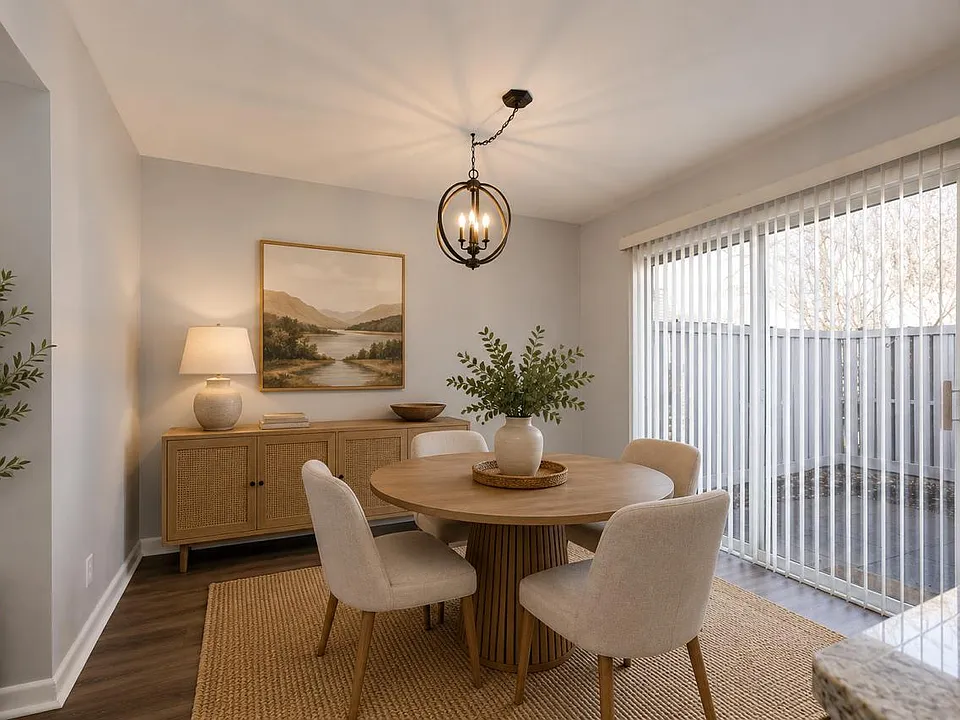 Dedicated dining space with access to the private patio, ideal for both casual meals and hosting guests. Photos are virtually staged.
