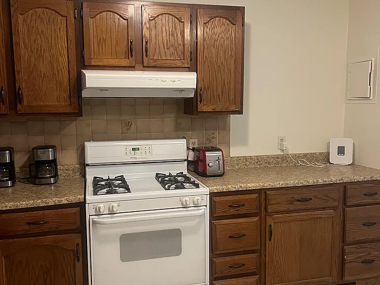 Functional kitchen with ample wood cabinetry, laminate counters, and a full-size gas range with vent hood and tiled backsplas