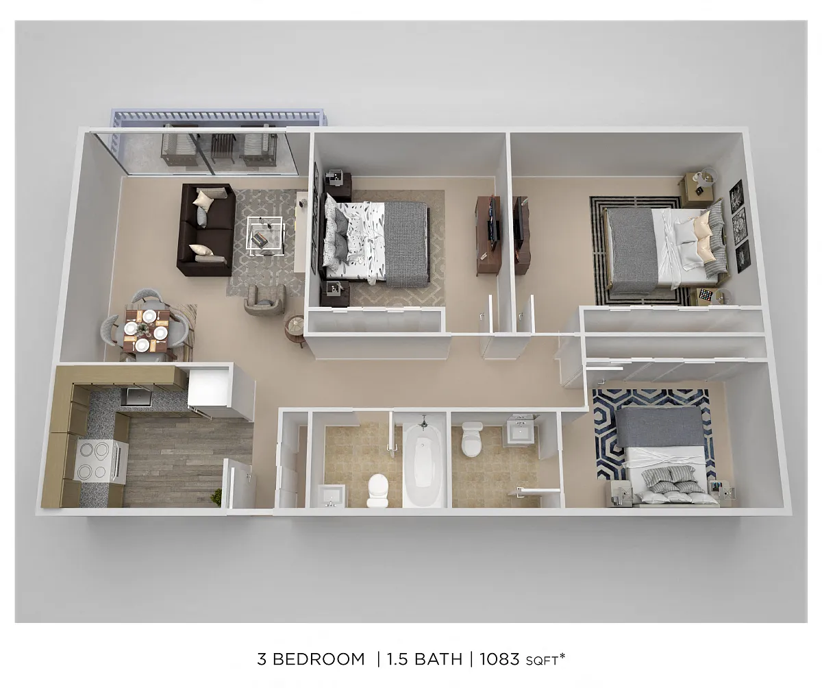 Floor plan Three Bedroom 1.5 Bath - 1,083 sqft