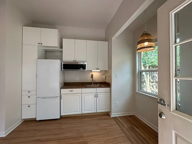 The Casita kitchen with its dining nook to the right.