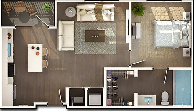 One bedroom, one bath. Washer & dryer included. Beautiful quartz countertops with a tile backsplash in the kitchen. Spacious walk-in closet off of the bathroom. 6' glass shower with rain shower head in bathroom. Walk out and enjoy the sun on your private 