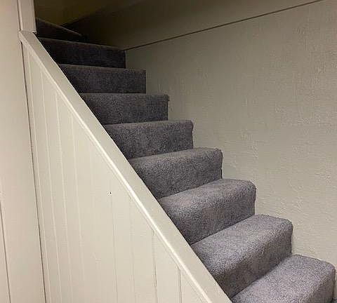 Stairway to finished basement; new carpet