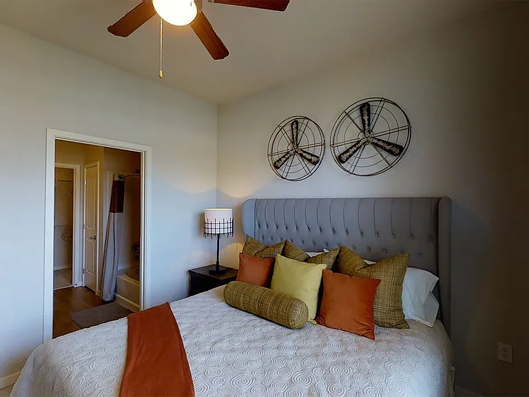 Spacious apartment bedroom with large closet and plush carpet flooring.