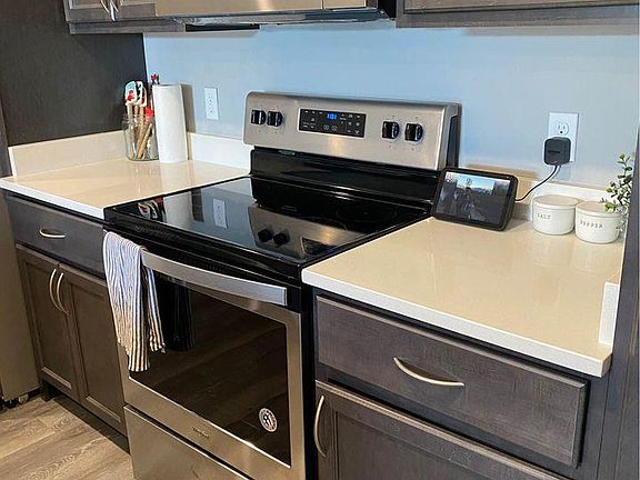 Electric stovetop and granite counters.