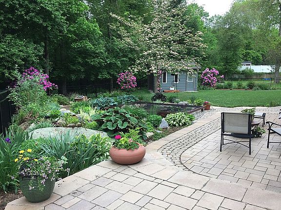 Backyard patio and koi pond