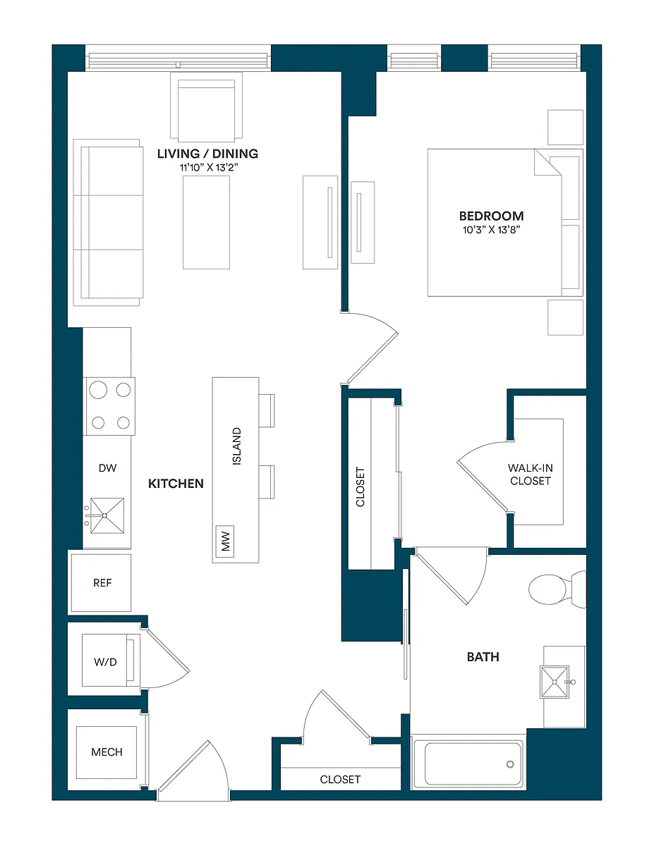 Floor plan 1 Bed/1 Bath-E2 TYP 20