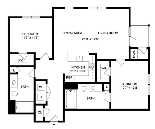 Floor plan 2 Bed/2 Bath-B1-income-restricted