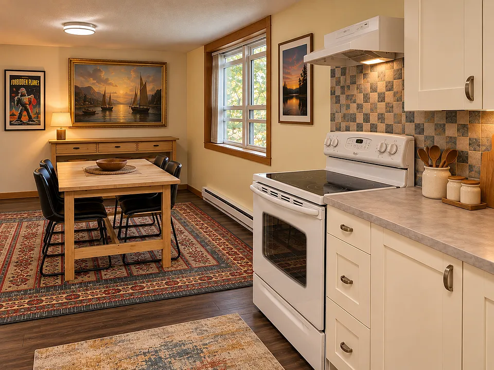 Big windows in the dining room. Furniture and rugs included