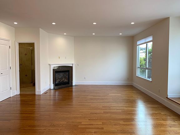 Close up of fireplace, bathroom, and storage closet.