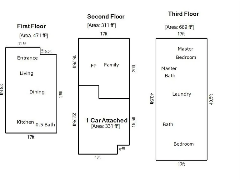 Complete floor plan of the townhome.
Please note: The 72 sq ft master bedroom patio is not included in this diagram.