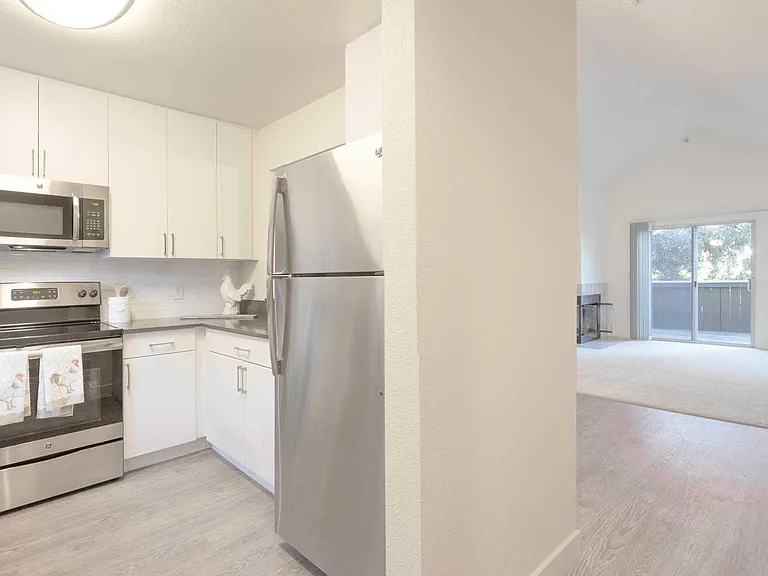 Kitchen with Stainless Steel Appliances and Living Room