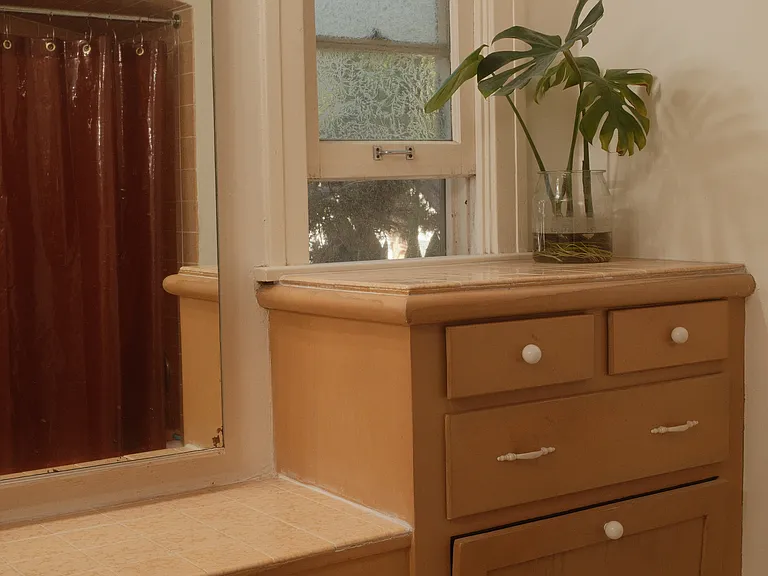 Large bath. Property has only one bath. Windows, tub, shower, cupboards. Vanity area has large mirror medicine cabinet.