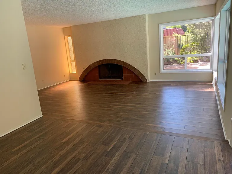 Spacious stepdown living room with mid century gas fireplace provides a lot of room for entertaining.