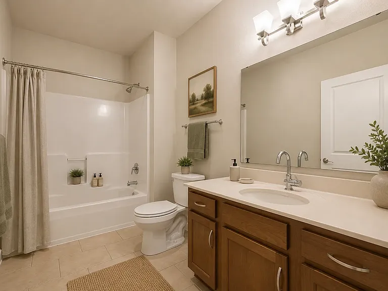 Modern apartment bathroom with chrome finishes and large soaking tub.
