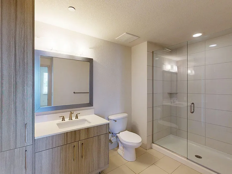 Apartment bathroom with glass wall shower and wood style floor.