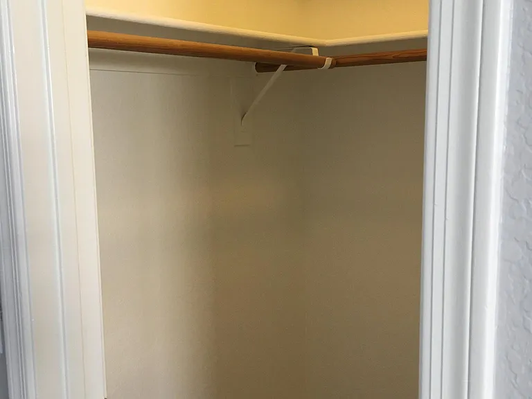 The bedroom closet has built-in shelves and a light.