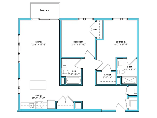 Floor plan Two Bedroom Two Bath (1090 SF)
