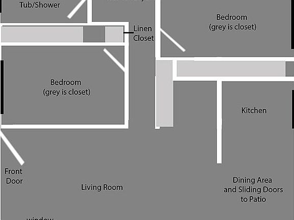 Approximate layout done from memory. Not exactly to scale. Black for windows; light grey for closets.