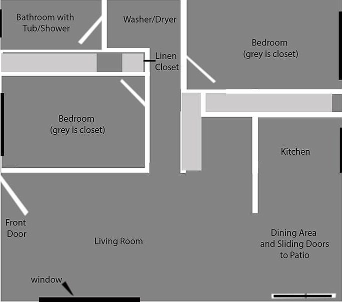 Approximate layout done from memory. Not exactly to scale. Black for windows; light grey for closets.