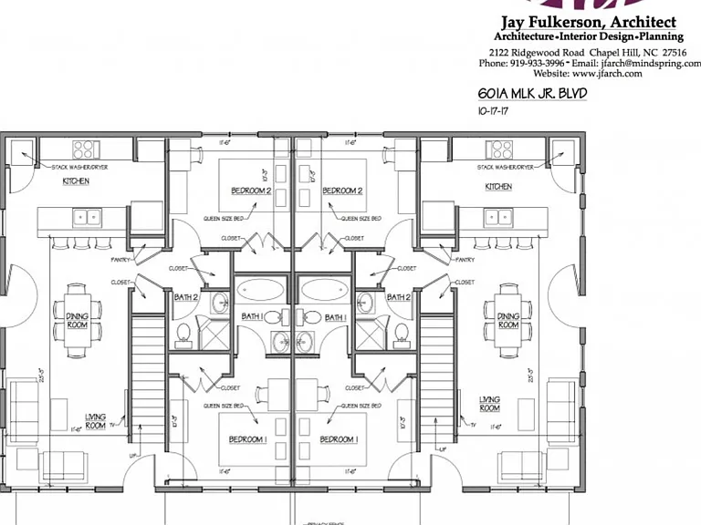 First Floor plan of entire duplex, the units are mirror images of each other.