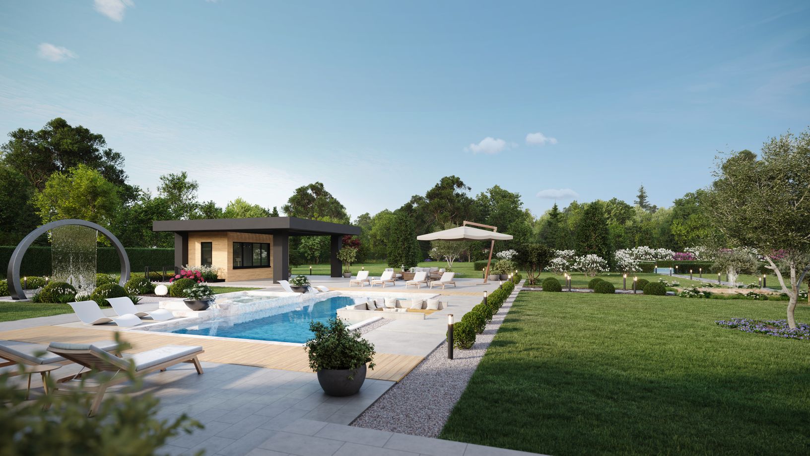 A resort-caliber poolscape featuring a waterfall feature, integrated spa, and sunken lounge.