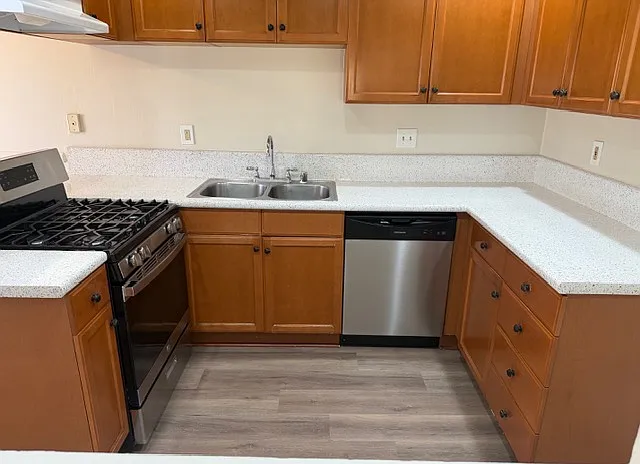 Kitchen with new appliances (stainless steel gas range and dishwasher)