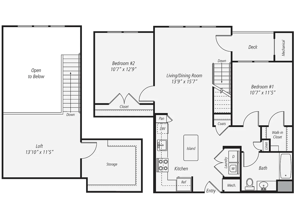 Floor plan 2 Bed/1 Bath Loft-B1L