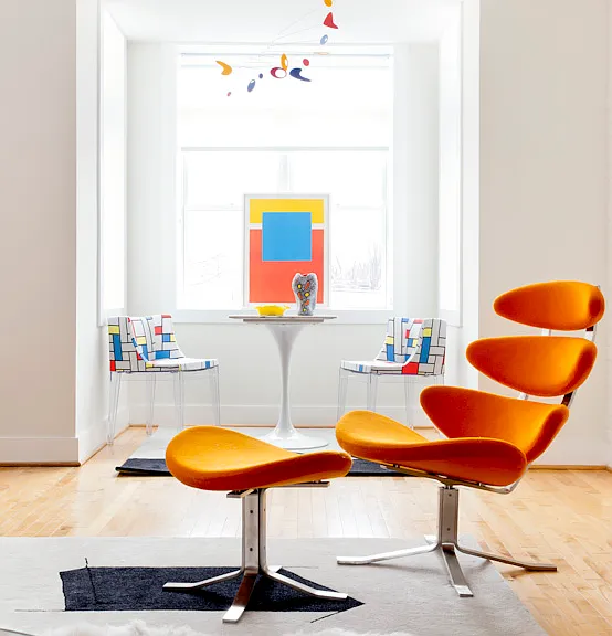 Mondrian meets Calder and Phillippe Starck in the bay window.