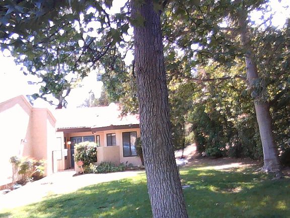 Photo taken from the private front yard of the home. It is the last home of the 16 unit community nestled up to a mature tree area and hillside. There is a community pool/spa.