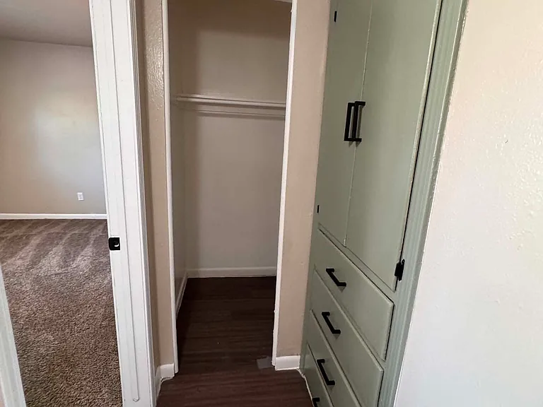 Hallway with closet and linen storage.