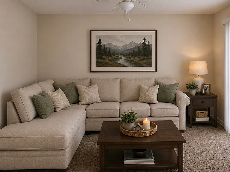 Living Room Main Wall w/Furniture (AI Furniture, tables, lamps, pillows and artwork)
