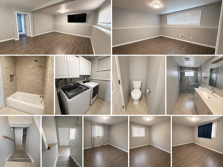 1st Row- Downstairs Living Space.
2nd Row- Downstairs Bathroom, Laundry, Upstairs Bathroom.
3rd row- Front door, Upstairs Bedrooms.