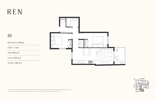 Floor plan 2 Bed + 1 Bath