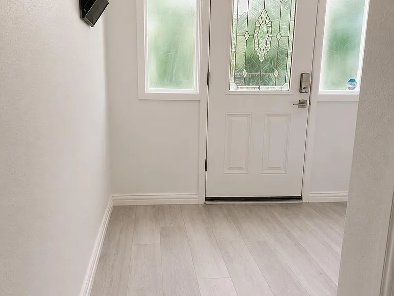 Welcoming entry foyer with durable plank-style flooring, wide front door, and sidelights for added natural light.