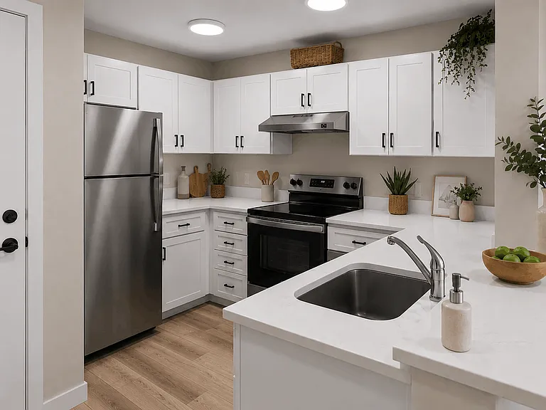 Staged apartment kitchen with white shaker cabinetry, stainless steel appliances, quartz countertops, decorative accents, and open-concept design. Staged apartment kitchen with white shaker cabinetry, stainless steel appliances, quartz countertops, decora