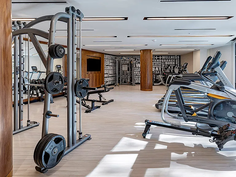 Apartment community 24-hour fitness center at Griffis Edgemoor in Bethesda, Maryland.