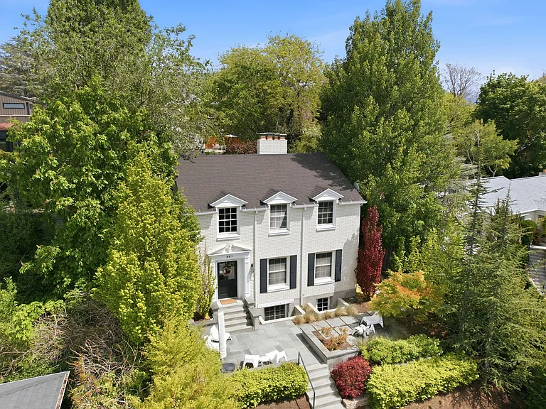 Front of the home on private hilltop in prestigious "Harvard-Yale" neighborhood. Private patio with beautiful view of Salt Lake City.
