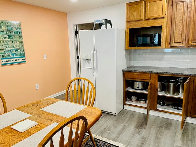 Kitchen with view into cupboards.