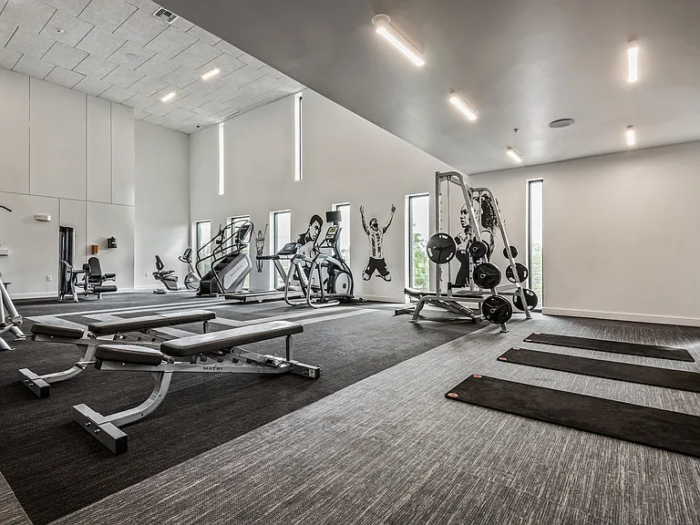 Fitness Studio with Weight Benches, Cardio Zone, and High Ceilings