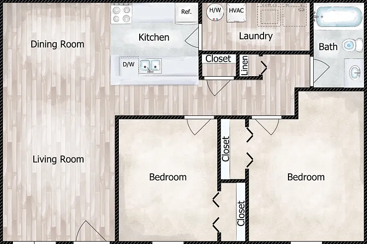 2 Bed 1 Bath Floorplan Diagram