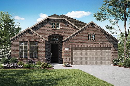 Elevation C is a single story, full brick home design with arched entry and slice hip feature at roo