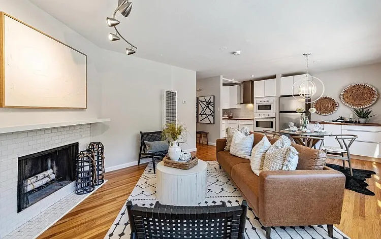 Living room + view of kitchen